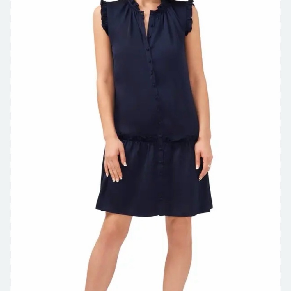 Halogen Navy Blue Ruffle Trim Button Down Drop Waist Dress Size Medium